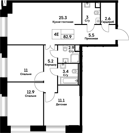 Планировка — Ever, 4-комн., 83 м²