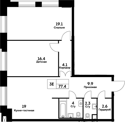 Планировка — Ever, 3-комн., 77 м²