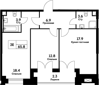 Планировка — Ever, 3-комн., 64 м²