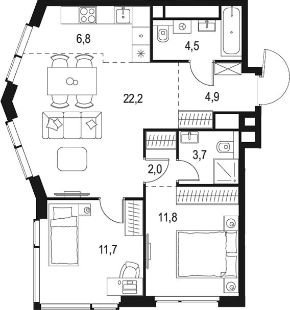 Планировка — Левел Мичуринский, 3-комн., 68 м²