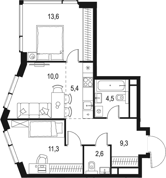 Планировка — Левел Мичуринский, 3-комн., 57 м²