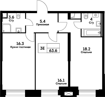 Планировка — Ever, 3-комн., 64 м²