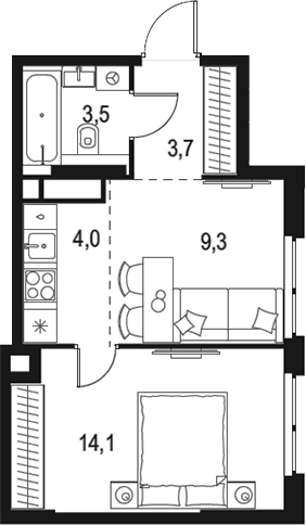 Планировка — Левел Мичуринский, 2-комн., 35 м²