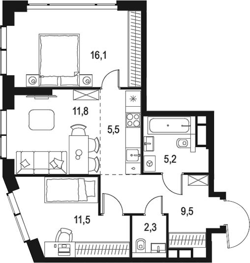 Планировка — Левел Мичуринский, 3-комн., 62 м²