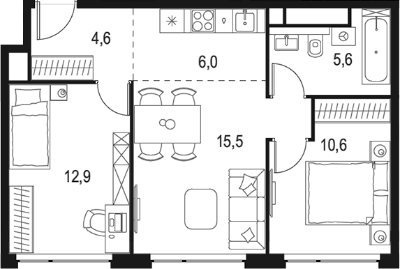 Планировка — Левел Мичуринский, 3-комн., 55 м²