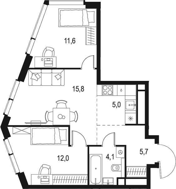 Планировка — Левел Мичуринский, 3-комн., 54 м²