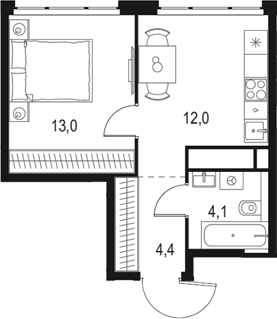 Планировка — Левел Мичуринский, 1-комн., 34 м²