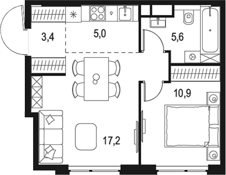 Планировка — Левел Мичуринский, 2-комн., 42 м²