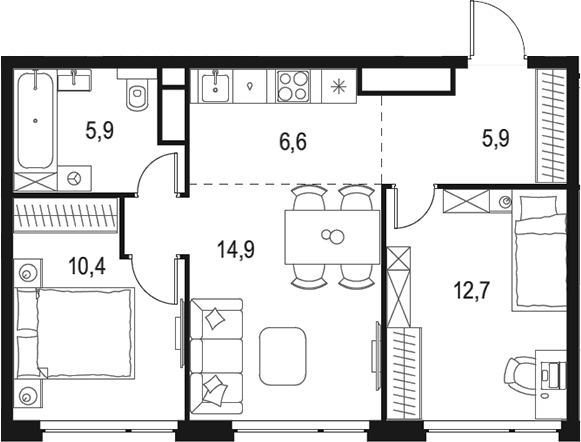 Планировка — Левел Мичуринский, 3-комн., 56 м²