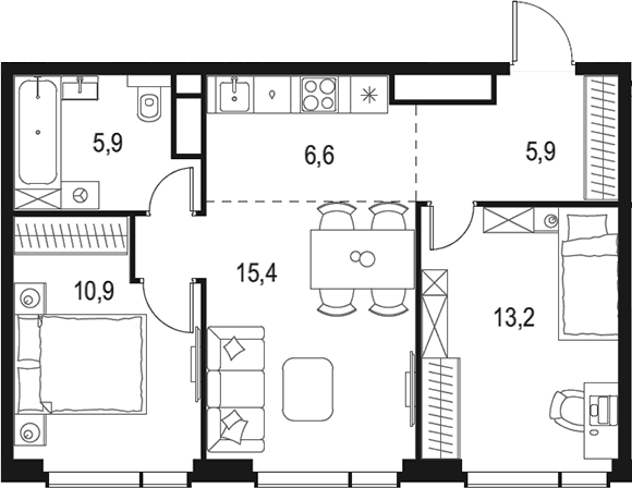 Планировка — Левел Мичуринский, 3-комн., 58 м²