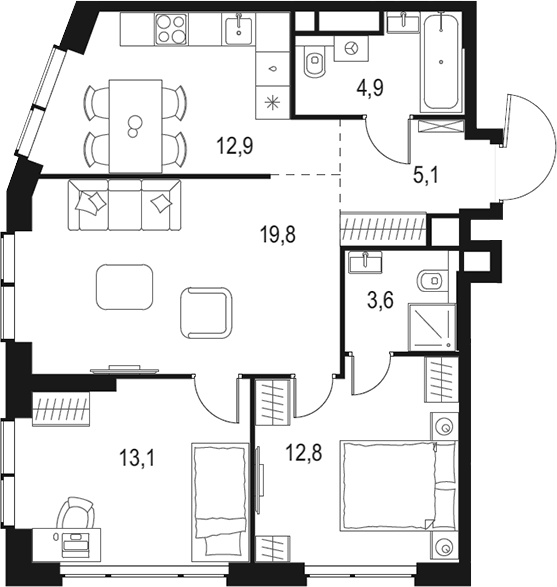 Планировка — Левел Мичуринский, 3-комн., 72 м²