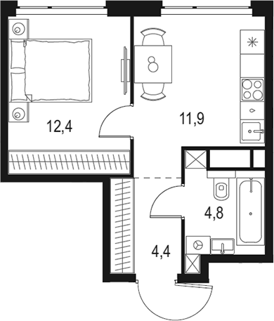 Планировка — Левел Мичуринский, 1-комн., 34 м²