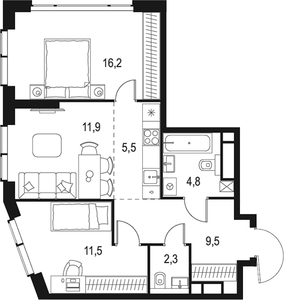 Планировка — Левел Мичуринский, 3-комн., 62 м²