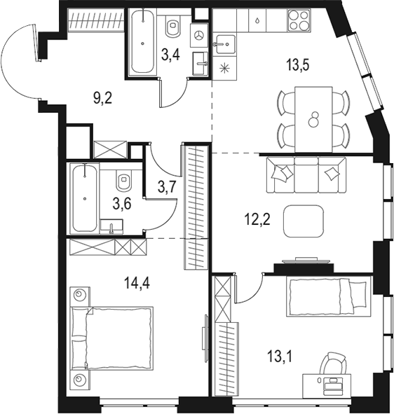 Планировка — Левел Мичуринский, 3-комн., 73 м²