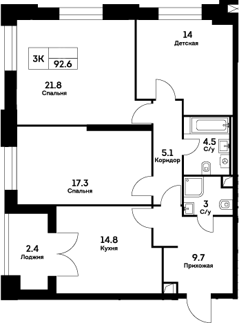 Планировка — Ever, 3-комн., 90 м²