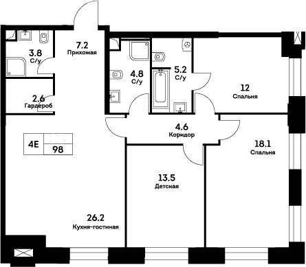 Планировка — Ever, 4-комн., 98 м²