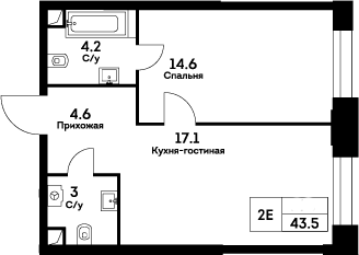 Планировка — Ever, 2-комн., 44 м²