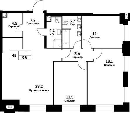 Планировка — Ever, 4-комн., 98 м²