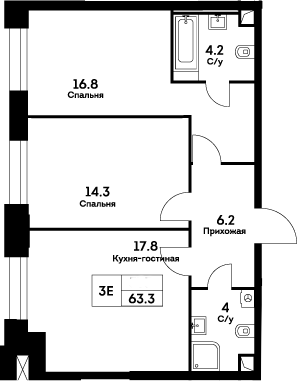 Планировка — Ever, 3-комн., 63 м²