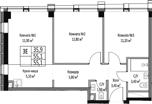 Планировка — ЭМОУШН, 3-комн., 55 м²