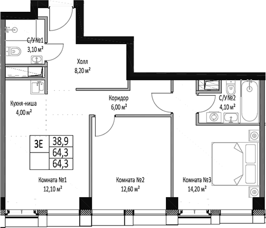 Планировка — ЭМОУШН, 3-комн., 64 м²