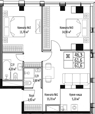 Планировка — ЭМОУШН, 3-комн., 62 м²