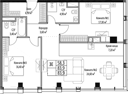 Планировка — ЭМОУШН, 3-комн., 84 м²