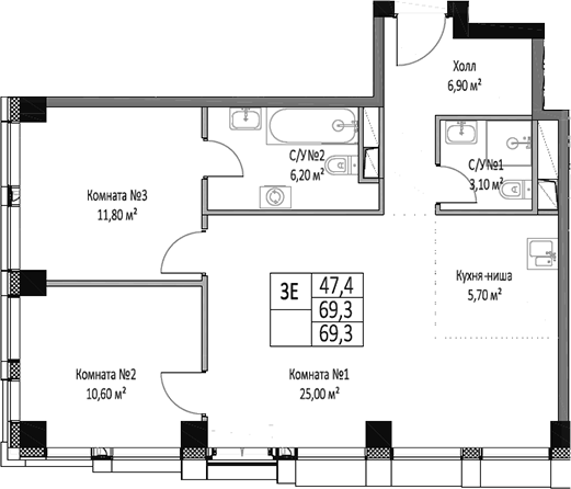 Планировка — ЭМОУШН, 3-комн., 69 м²