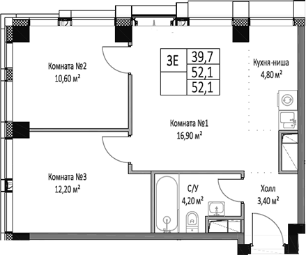 Планировка — ЭМОУШН, 3-комн., 52 м²