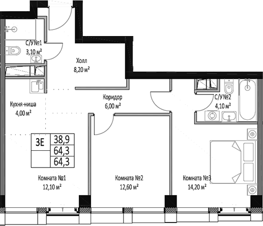 Планировка — ЭМОУШН, 3-комн., 64 м²
