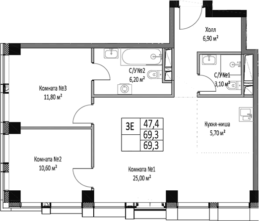 Планировка — ЭМОУШН, 3-комн., 69 м²