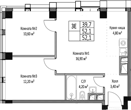 Планировка — ЭМОУШН, 3-комн., 52 м²