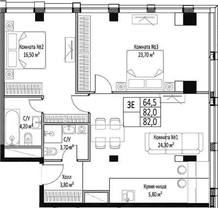 Планировка — ЭМОУШН, 3-комн., 82 м²