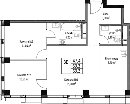 Планировка — ЭМОУШН, 3-комн., 69 м²