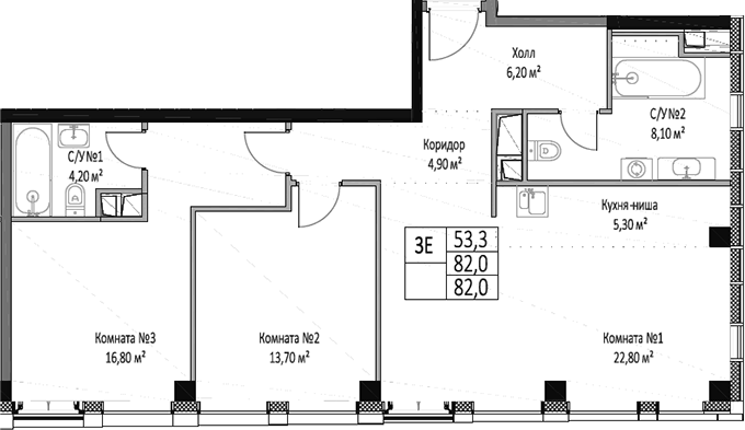 Планировка — ЭМОУШН, 3-комн., 82 м²