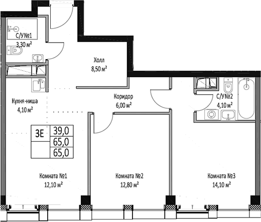 Планировка — ЭМОУШН, 3-комн., 65 м²