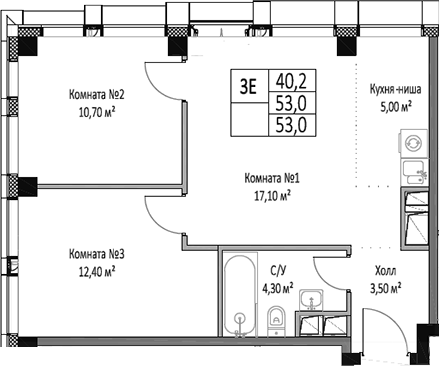 Планировка — ЭМОУШН, 3-комн., 53 м²