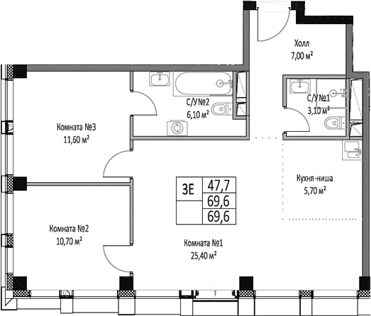 Планировка — ЭМОУШН, 3-комн., 70 м²