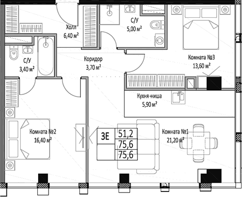 Планировка — ЭМОУШН, 3-комн., 76 м²