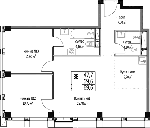 Планировка — ЭМОУШН, 3-комн., 70 м²