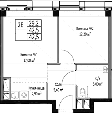 Планировка — ЭМОУШН, 2-комн., 43 м²