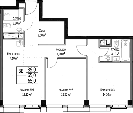 Планировка — ЭМОУШН, 3-комн., 65 м²