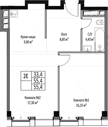 Планировка — ЭМОУШН, 2-комн., 55 м²