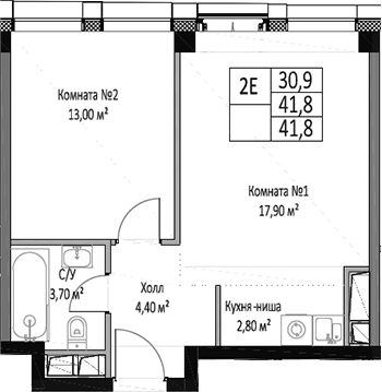Планировка — ЭМОУШН, 2-комн., 42 м²