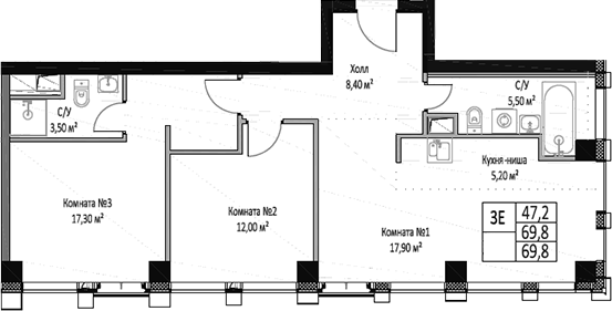 Планировка — ЭМОУШН, 3-комн., 70 м²