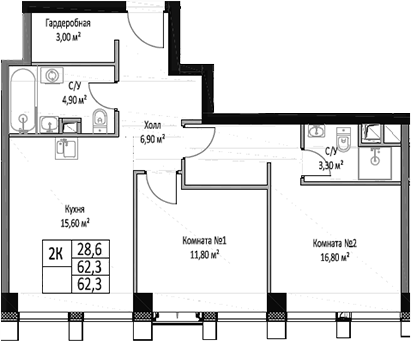 Планировка — ЭМОУШН, 2-комн., 62 м²