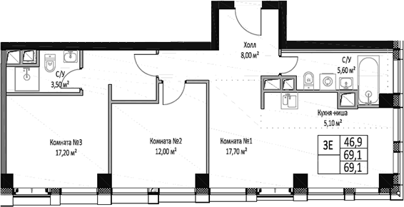 Планировка — ЭМОУШН, 3-комн., 69 м²