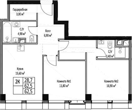 Планировка — ЭМОУШН, 2-комн., 63 м²