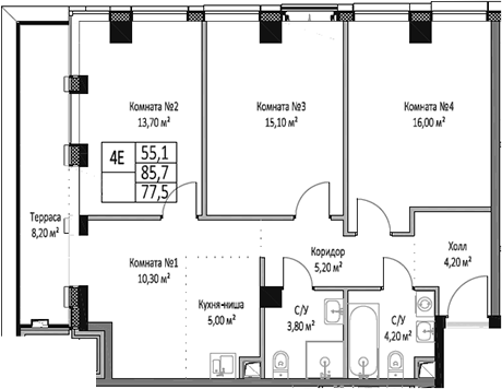 Планировка — ЭМОУШН, 4-комн., 78 м²
