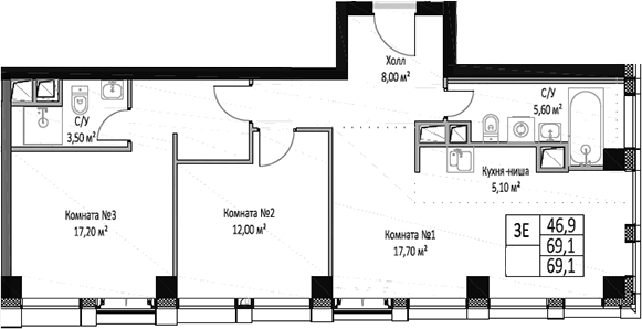 Планировка — ЭМОУШН, 3-комн., 69 м²